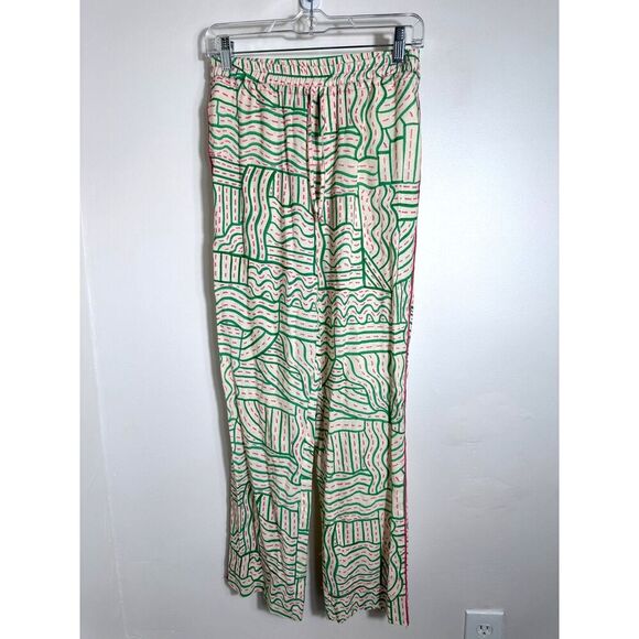 Zara Linen Blend Graffiti Print Pant Cream Green Pink Jogger Pajama Trouser XS - Picture 5 of 8